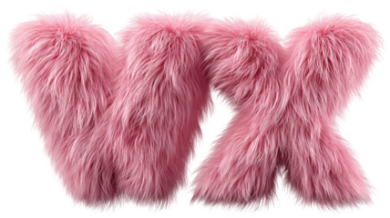 red and pink pink , fluffy fur letter VX isolated on white background,