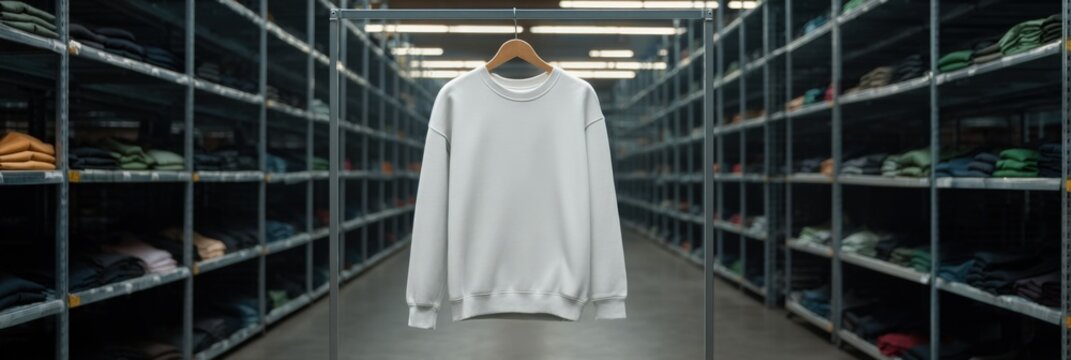 White sweatshirt on hanger in clothing warehouse aisle with neatly stacked shelves