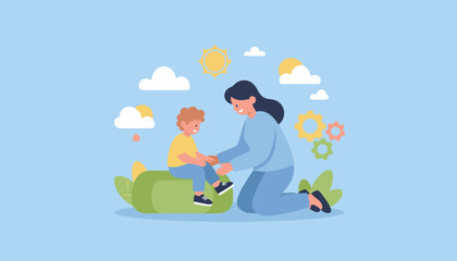 Happy mother and child learning together outdoors gears symbolize education and growth