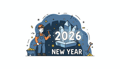 Miner with pickaxe unearthing 2026 crystals New Year success and future wealth concept