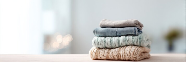 Stack of cozy folded sweaters and jeans on wooden table