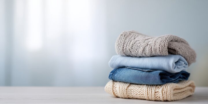 Stack of folded sweaters and jeans on light background