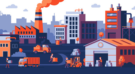 Busy city industrial scene with workers trucks and factories