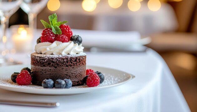 Elegant individual chocolate lava cake dessert garnished with fresh raspberries, blueberries, and whipped cream on a fine dining table