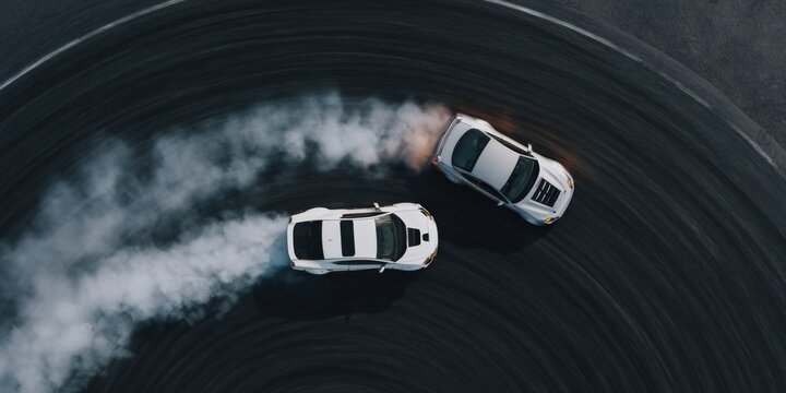 Two white cars drifting on a race track with smoke trails at high speed