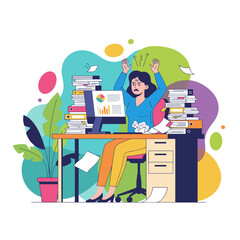 Stressed businesswoman overwhelmed by piles of paperwork and crushing deadlines in the office