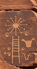 Fototapeta premium Sandstone petroglyph depicting ancient symbols including a star shape, ladder, and animal tracks. Concept of cultural heritage, meaning of ancient rituals, and depiction of indigenous histories.