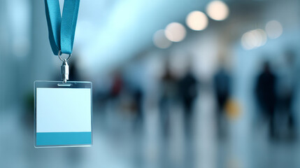 Blank identification badge with blue lanyard hanging in front of blurred corridor with people walking
