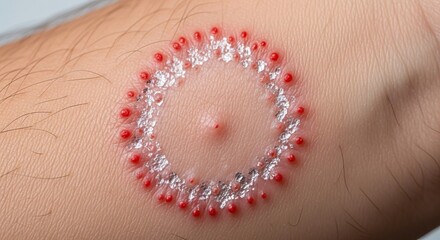 An arm with a rash, close-up, displays signs of a skin condition in a medical clinic. Dermatologist, examining skin rash.