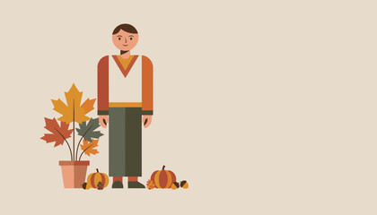 Man in autumn clothes with pumpkins and maple leaves Minimalist seasonal vector graphic