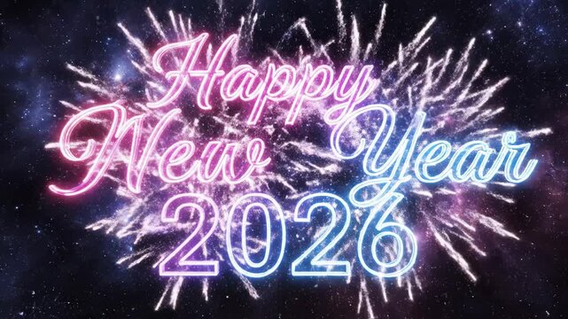 Happy new year 2026 neon glowing text in cursive script set against a dark, starry galaxy background with glowing stars and cosmic dust