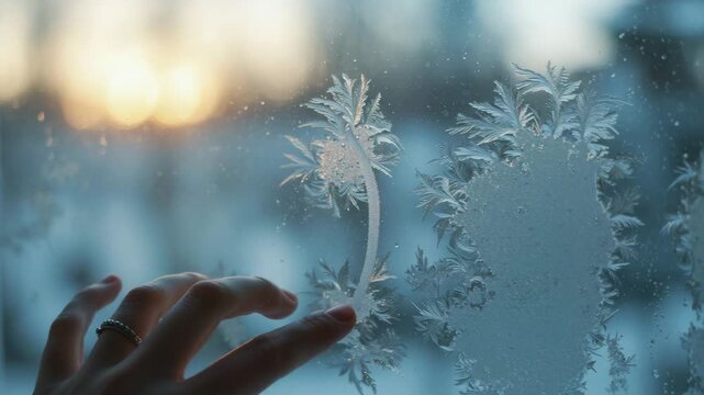 Hand touching frost patterns on window during sunset in winter  