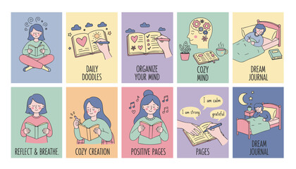 Set of vector illustrations depicting selfcare journaling reading and mental wellness routines