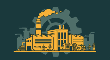 Flat vector illustration of a factory building with workers machinery and chimney smoke symbolizing industry