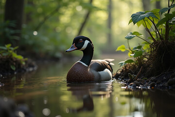 Obraz premium Male wood duck swimming in tranquil forest pond during daylight 