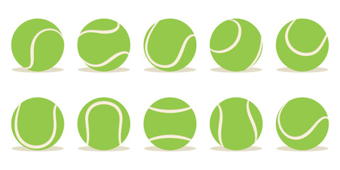 Set of different green tennis balls. Flat vector illustration isolated on a white background.