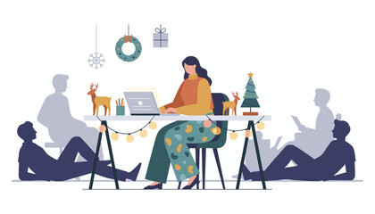 Woman works on laptop surrounded by holiday decorations balancing business and festive cheer
