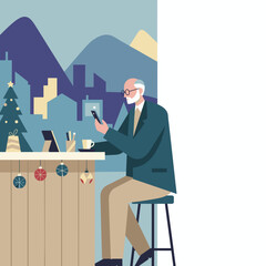 Senior businessman using smartphone at a holidaydecorated desk with city skyline background