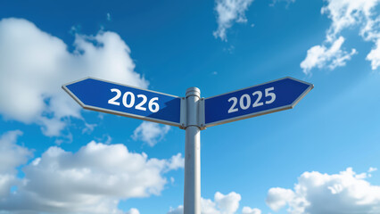 Directional signpost indicating years 2025 and 2026 against blue sky with clouds, symbolizing future planning and choices