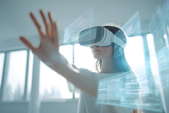 Young man explores virtual reality in a modern indoor space while wearing a VR headset