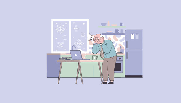Elderly man overwhelmed by remote work stress experiencing a painful headache while using a laptop at home