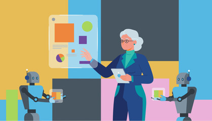 Senior scientist presenting data with collaborative robots AI technology and business future