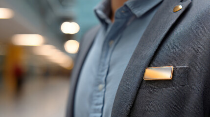 Close-up of a person wearing a blue shirt and gray blazer with a blank gold name tag on the lapel in a blurred indoor setting