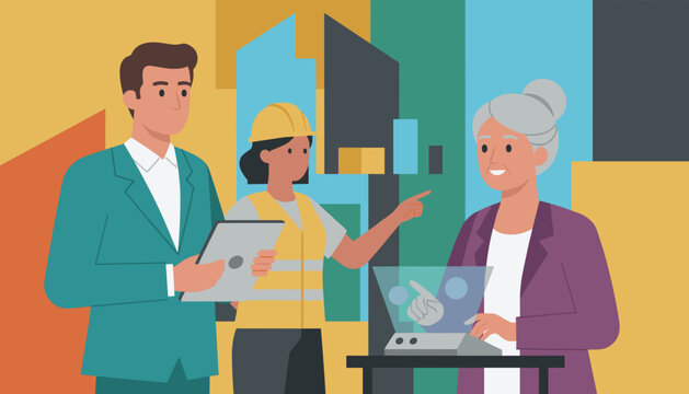 Professional team discusses construction plans with a client using future tech