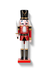 Wooden Nutcracker Soldier dressed in a red and gold uniform isolated on a transparent background, PNG. High resolution. Classic Christmas Decoration 