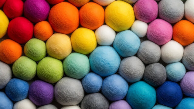 Seamless background pattern of vibrant colorful felted wool balls creating a beautiful abstract texture.