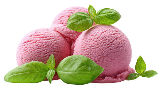 Strawberry and mint ice cream scoops in a bowl, a sweet frozen dessert with pink, green, and white colors