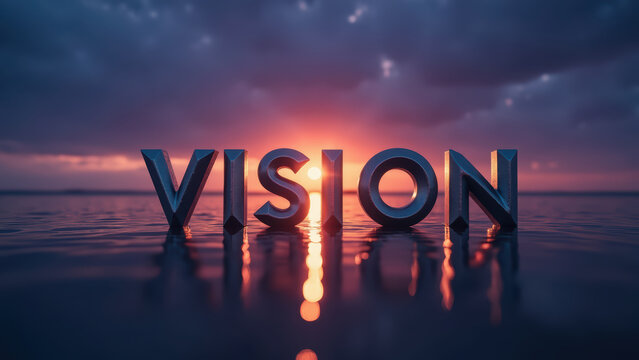 Stunning sunset reflects on water, with word VISION prominently displayed in bold letters. scene evokes inspiration and tranquility