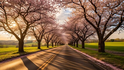 Cherry Blossom Trees Lining Road in Spring Landscape