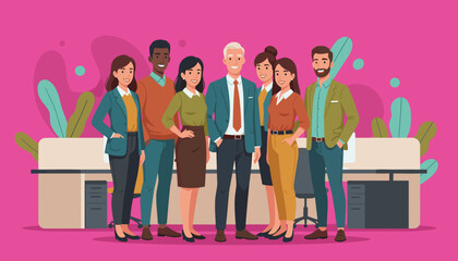 Diverse professional business team and senior manager standing together in a vibrant office setting