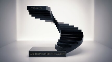 Black spiral staircase with ambition guides the ascent inscribed