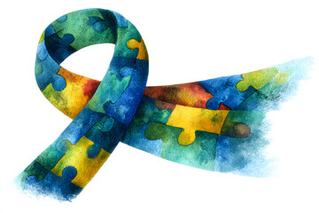 Colorful autism awareness ribbon with puzzle pieces and watercolor texture