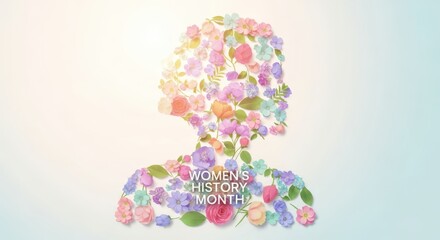 A silhouette of a womans head and shoulders composed entirely of colorful, delicate flowers, celebrating womens history month with beauty and artistry