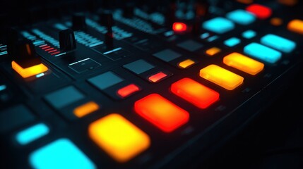 Close up view of digital music sequencer with glowing lights