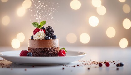 Decadent chocolate dessert adorned with vibrant berries, a sprig of mint, and sparkling sugar, capturing the essence of sweet indulgence and celebratory moments