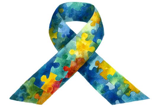 Autism awareness ribbon with colorful puzzle piece pattern
