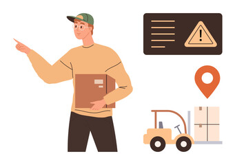 Worker holding a package and pointing, forklift transporting boxes, warning sign and location marker. Ideal for logistics, delivery, supply chain, safety, shipping transport warehouse. Simple flat