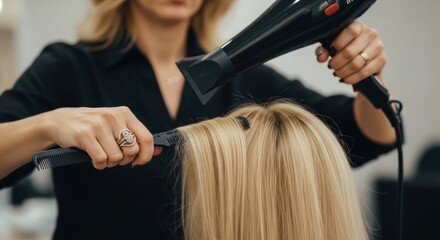 Fototapeta premium Blonde woman styled by a professional with a hairdryer and comb in a salon setting. A blonde stylist uses hairdryer and comb, focused on a client's hair in salon.