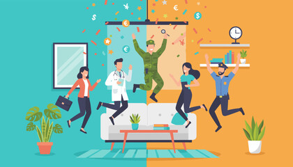 Diverse professionals celebrating career achievement and financial success with confetti