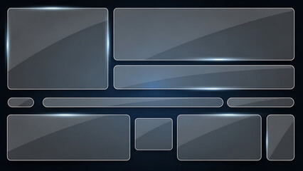 Futuristic Glass UI Elements Set: Blank Glossy Frames, Buttons, and Banners Template for Web Design Dashboard.