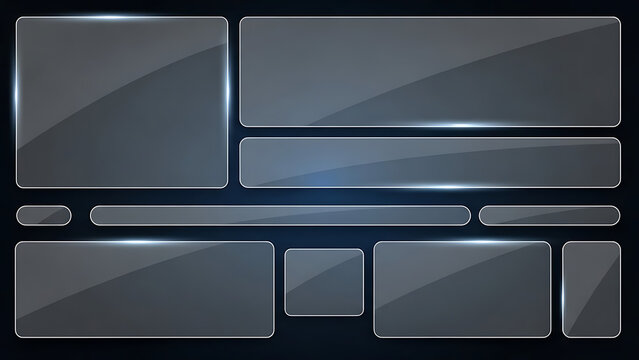 Futuristic Glass UI Elements Set: Blank Glossy Frames, Buttons, and Banners Template for Web Design Dashboard.
