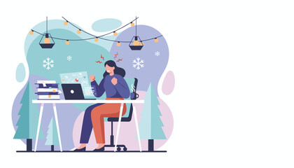 Frustrated woman working late at her desk in a winter setting facing stress and deadlines