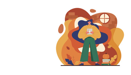 Happy woman uses a digital tablet for remote work or reading in a cozy fall setting