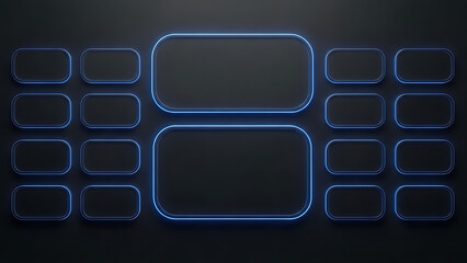 Futuristic dark technology dashboard background with glowing blue neon borders on a carbon texture grid display.