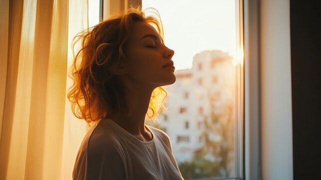 Person standing by a window with eyes closed enjoying the warm sunlight