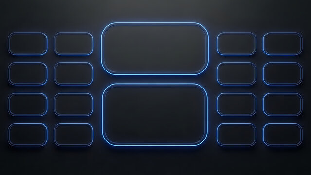 Futuristic dark technology dashboard background with glowing blue neon borders on a carbon texture grid display.